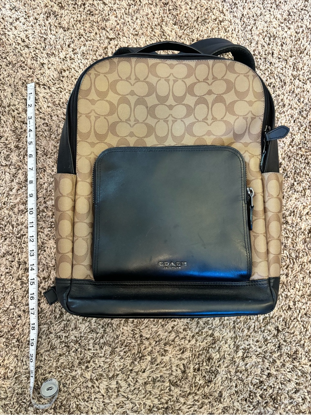 Coach Tan Signature Canvas Backpack with Black Leather Trim